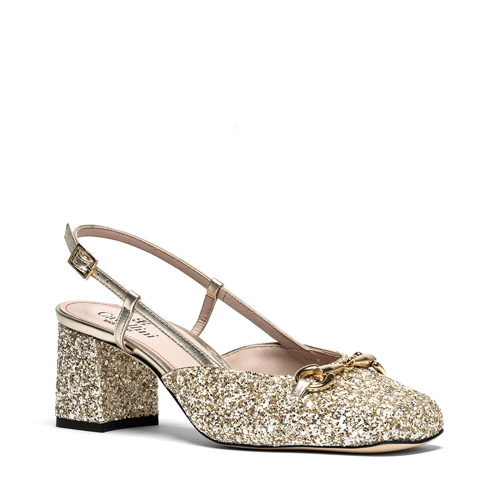 Franklin-2 Franklin, chanel donna in pelle glitter oro con tacco 6,5 cm - Cavallini