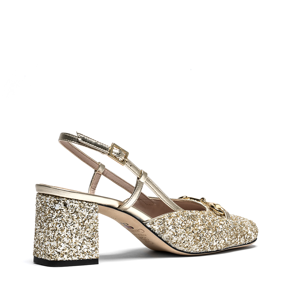 Franklin-3 Franklin, chanel donna in pelle glitter oro con tacco 6,5 cm - Cavallini