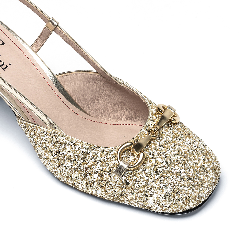 Franklin-4 Franklin, chanel donna in pelle glitter oro con tacco 6,5 cm - Cavallini
