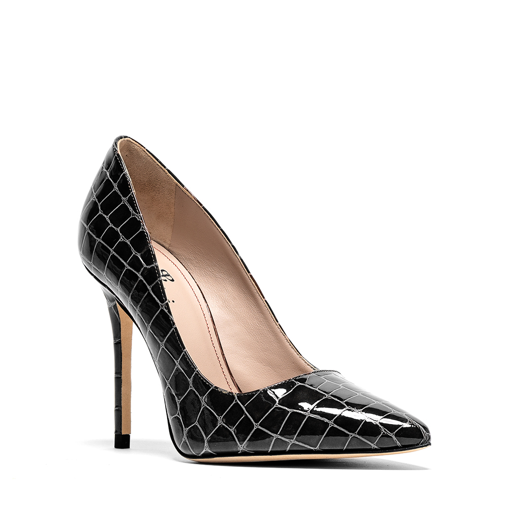 Gitana-cocco-nero_2 Decollete donna in pelle nera effetto cocco con tacco 10 cm, su fondo bianco - Cavallini